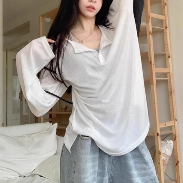 Oversized Basic Henley Tee with Extended Sleeves