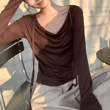 Cowl-Neck Long-Sleeve Solid Knit Tee with Relaxed Fit
