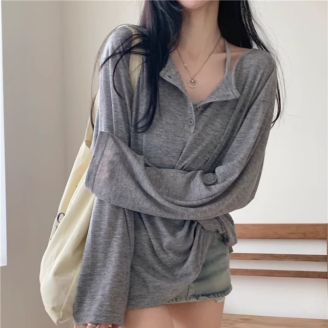 Oversized Basic Henley Tee with Extended Sleeves