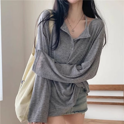 Oversized Basic Henley Tee with Extended Sleeves