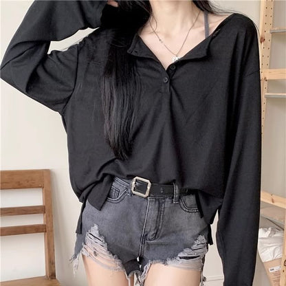 Oversized Basic Henley Tee with Extended Sleeves