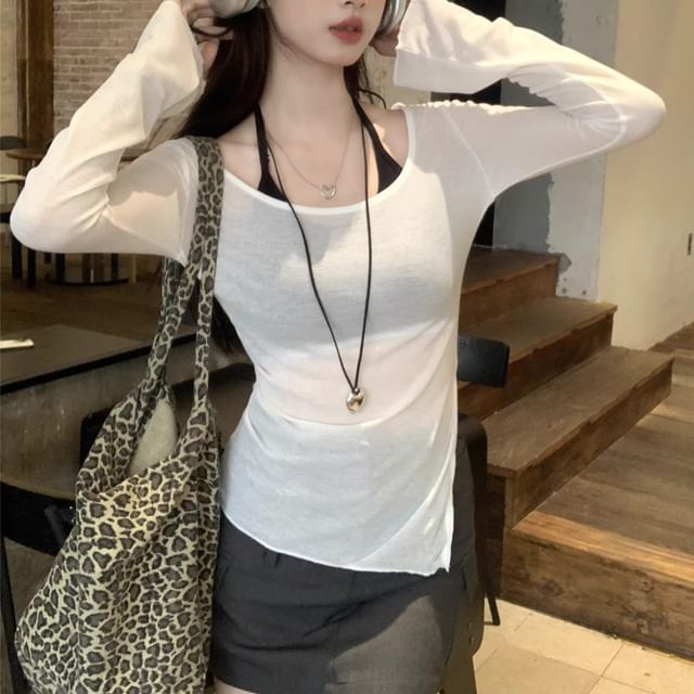 Sheer Asymmetric Tee with Scoop Neckline and Long Sleeves