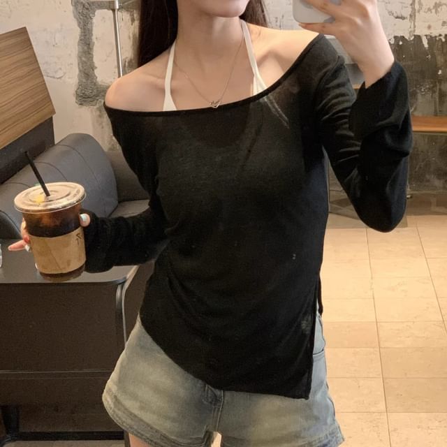 Sheer Asymmetric Tee with Scoop Neckline and Long Sleeves