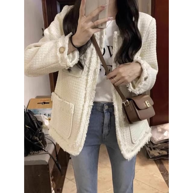 Crew Neck Plain Frayed Open Front Tweed Jacket