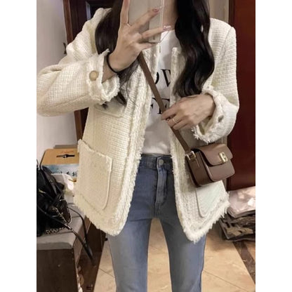 Crew Neck Plain Frayed Open Front Tweed Jacket