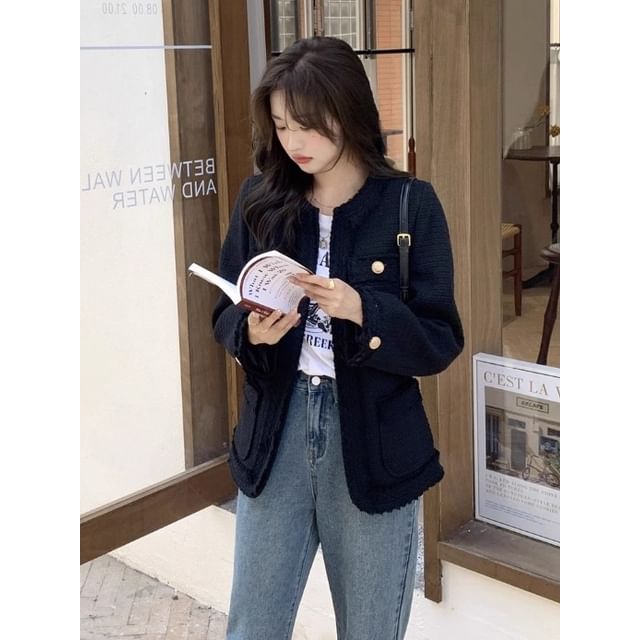 Crew Neck Plain Frayed Open Front Tweed Jacket