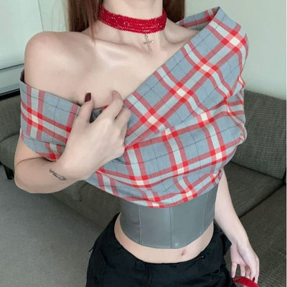 Plaid One-Shoulder Short-Sleeve Two-Way Panel Crop Tee