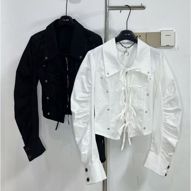 Grommet Tie-Front Collared Blouse with Sleeves