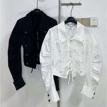 Grommet Tie-Front Collared Blouse with Sleeves