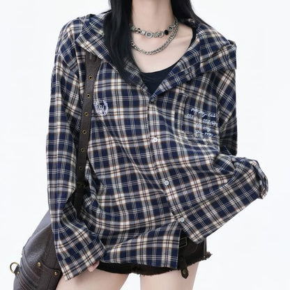 Hooded Plaid Button-Up Shirt with Long Sleeves