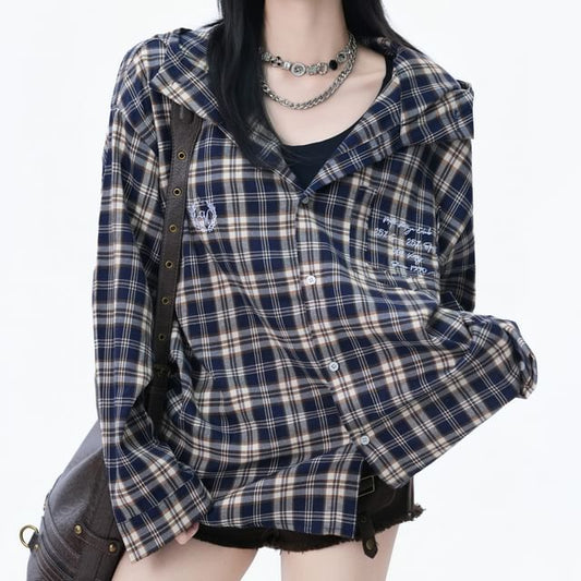 Hooded Plaid Button-Up Shirt with Long Sleeves