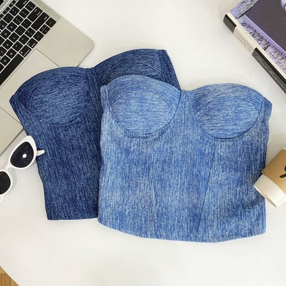 Denim Fabric Tube-Style Strapless Bustier Top