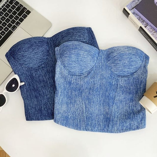 Denim Fabric Tube-Style Strapless Bustier Top