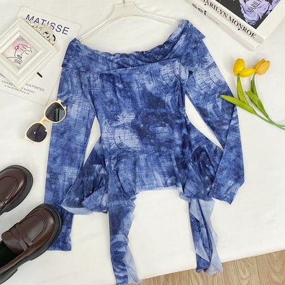 Tie-Dye Off-Shoulder Ruffle Edge Tee with Long Sleeves