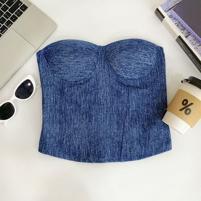 Denim Fabric Tube-Style Strapless Bustier Top