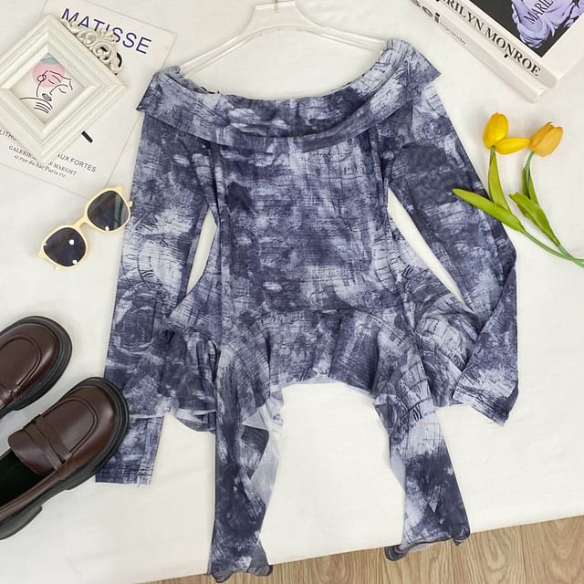 Tie-Dye Off-Shoulder Ruffle Edge Tee with Long Sleeves