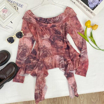 Tie-Dye Off-Shoulder Ruffle Edge Tee with Long Sleeves