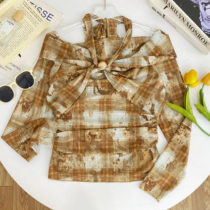 Plaid Tie-Dye Cold Shoulder Tee with Long Sleeves