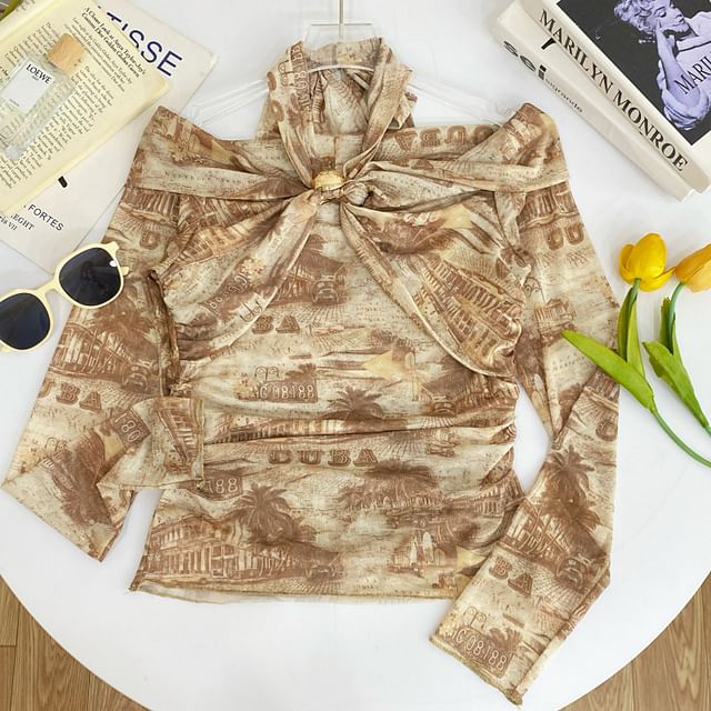 Plaid Tie-Dye Cold Shoulder Tee with Long Sleeves