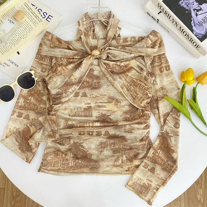 Plaid Tie-Dye Cold Shoulder Tee with Long Sleeves
