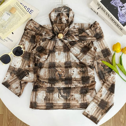 Plaid Tie-Dye Cold Shoulder Tee with Long Sleeves