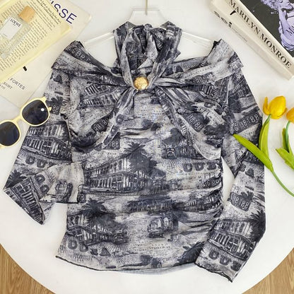Plaid Tie-Dye Cold Shoulder Tee with Long Sleeves