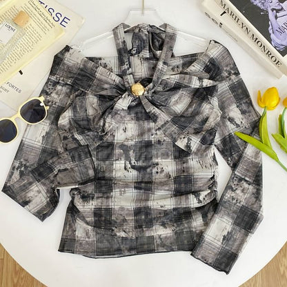 Plaid Tie-Dye Cold Shoulder Tee with Long Sleeves