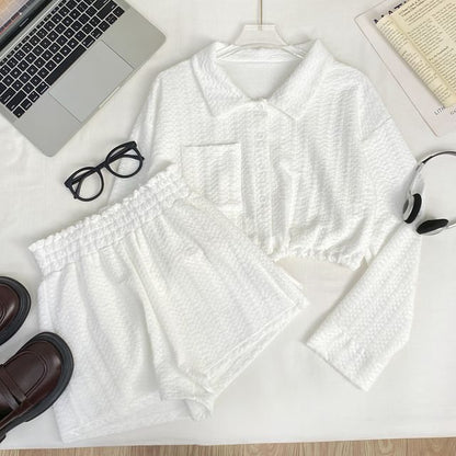 Matching Set: Buttoned Collar Crop Blouse & High-Rise Solid Shorts