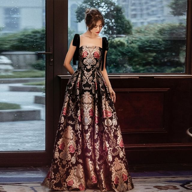 Floral A-Line Evening Gown Print Sleeveless