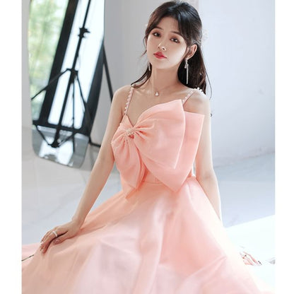 Evening A-Line Bow Front Plain Sleeveless Gown