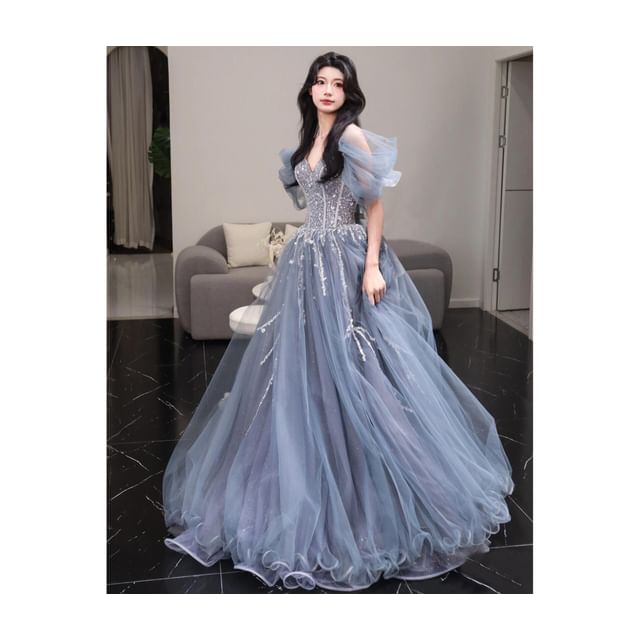 Gown A-Line Evening Ball V-Neck Short-Sleeve Mesh