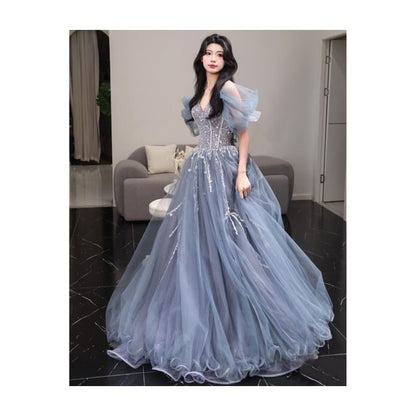 Gown A-Line Evening Ball V-Neck Short-Sleeve Mesh