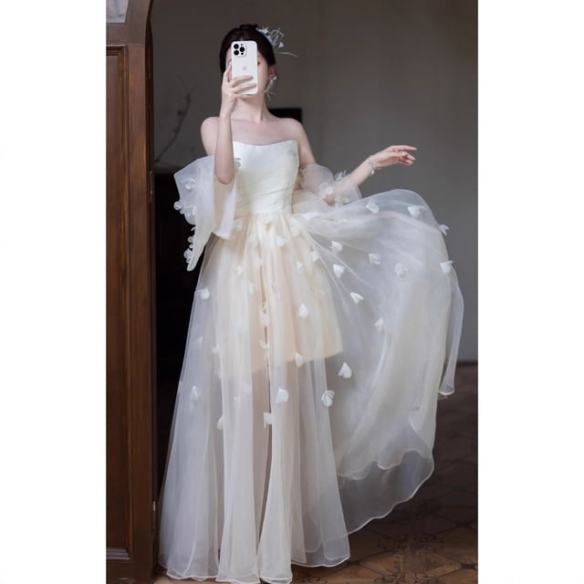 Strapless Sheer Overlay A-Line Evening Gown