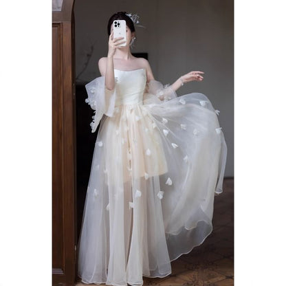 Strapless Sheer Overlay A-Line Evening Gown