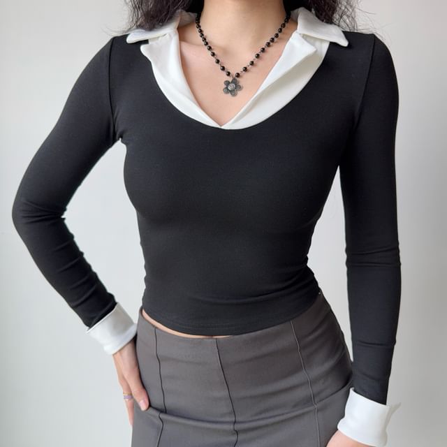 Collared Mock Two-Piece Long-Sleeve Tee with Layered Look