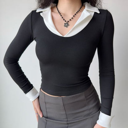 Collared Mock Two-Piece Long-Sleeve Tee with Layered Look