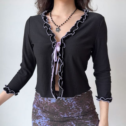 V-Neck Three-Quarter-Sleeve Ruffle-Trim Solid Blouse