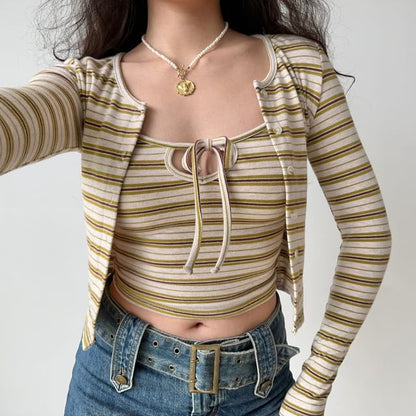 Striped Crewneck Cardigan & Scoop-Neck Camisole Top Set