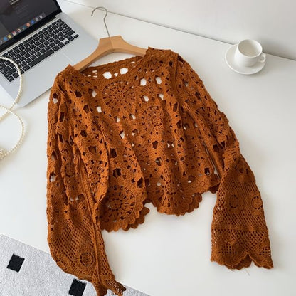 Perforated Boatneck Crop Top with Long Sleeves