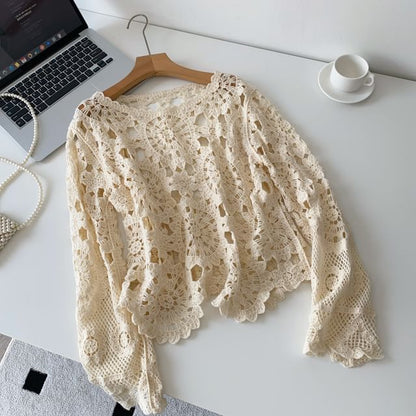 Perforated Boatneck Crop Top with Long Sleeves