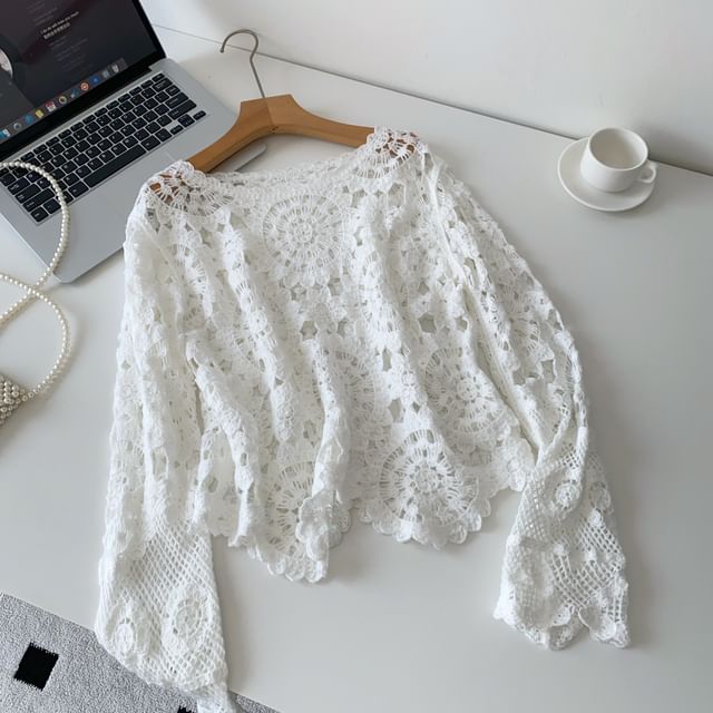 Perforated Boatneck Crop Top with Long Sleeves