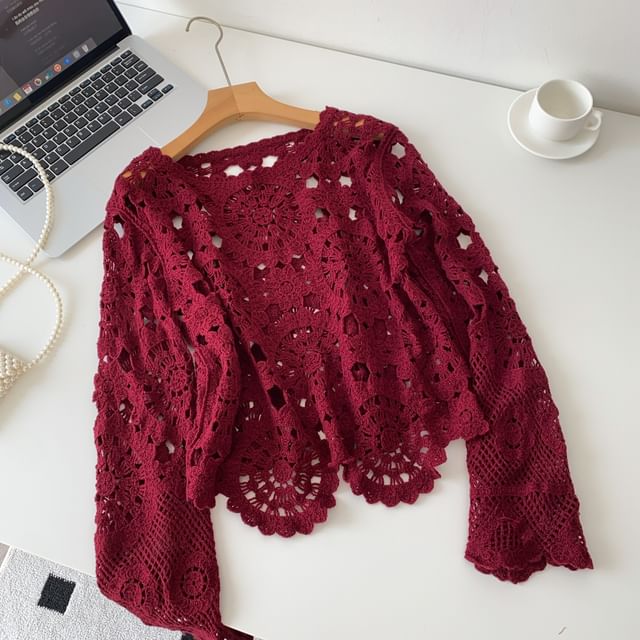 Perforated Boatneck Crop Top with Long Sleeves