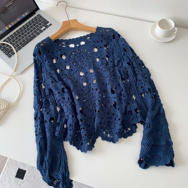 Perforated Boatneck Crop Top with Long Sleeves