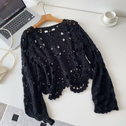 Perforated Boatneck Crop Top with Long Sleeves
