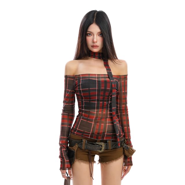 Plaid Off-Shoulder Slim-Fit Tee with Long Sleeves