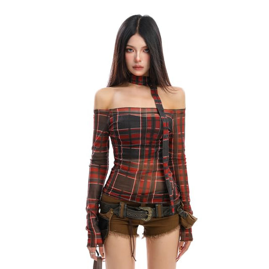 Plaid Off-Shoulder Slim-Fit Tee with Long Sleeves