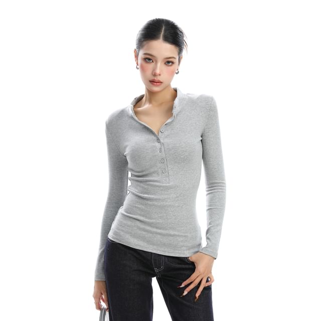 Slim-Fit Henley Tee with Long Sleeves