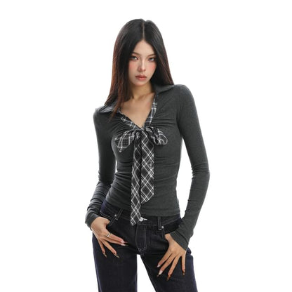 Knot-Front Plaid Panel V-Neck Collared Slim Tee, Long Sleeves