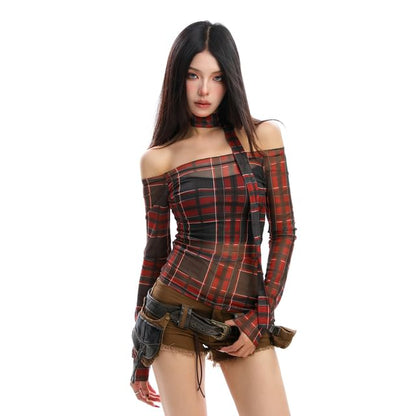 Plaid Off-Shoulder Slim-Fit Tee with Long Sleeves