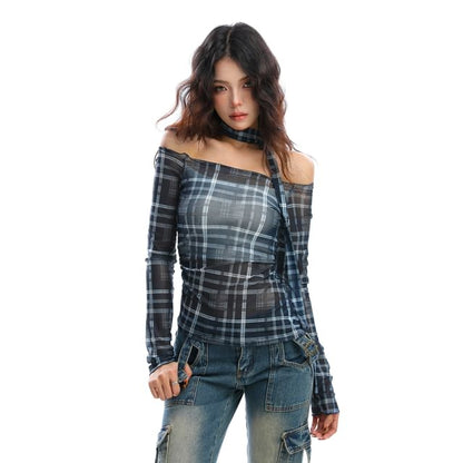 Plaid Off-Shoulder Slim-Fit Tee with Long Sleeves